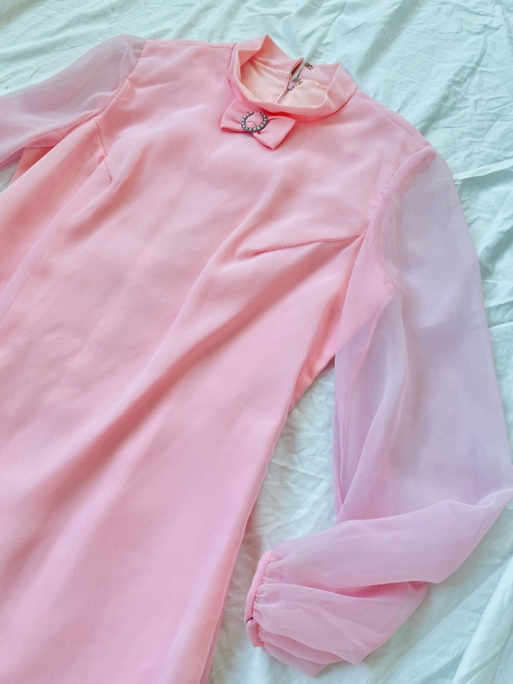 Vintage 1960s Ballet Pink Chiffon Bow Dress L - Picture 4 of 14